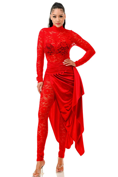 Mock Neck Lace Long Sleeve Jumpsuit & Side Slit Satin Midi Skirt Set red