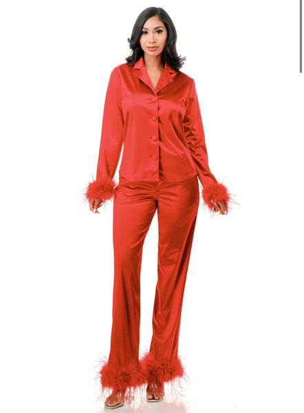 Collar Long Sleeve Feather-Trim Satin Shirt & Pants set