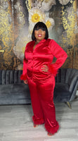 Feather-Trim Satin Shirt & Pants set