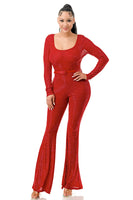 High-Shine Glitter Sequins Deep U-Neck Long Sleeve Flared Jumpsuit w/Skinny Belt