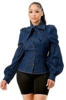 Puff Long Sleeve Neck Tied Denim Blouse Shirts