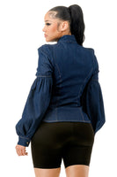 Puff Long Sleeve Neck Tied Denim Blouse Shirts