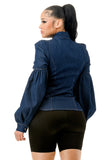 Puff Long Sleeve Neck Tied Denim Blouse Shirts