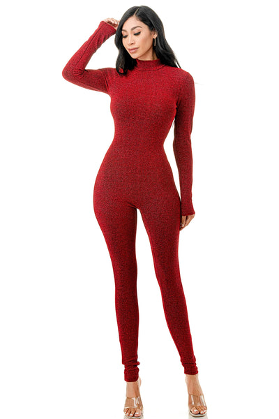 Glitter Mock Neck Zipper Back Closure Long Sleeve Catsuit